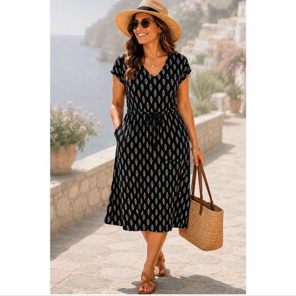 Soft Surroundings Women's Leaf Print Drawstring Waist Summer Dress Black L NEW